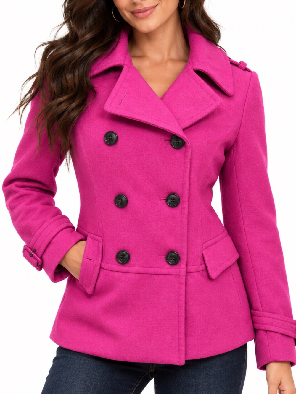 Grane Deep Fuchsia Double-Breasted Pea Coat